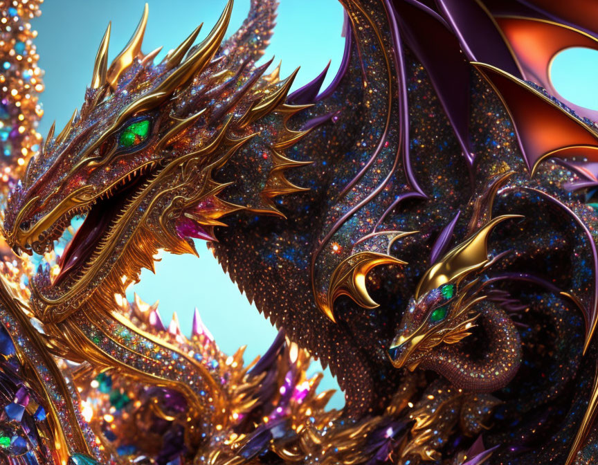 Detailed Golden Dragon Digital Artwork with Green Eyes and Purple Wings