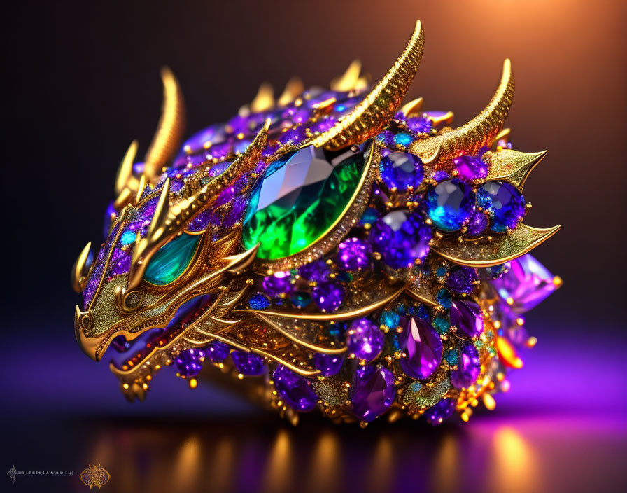 Detailed Golden Dragon Figurine with Emeralds and Blue Gemstones