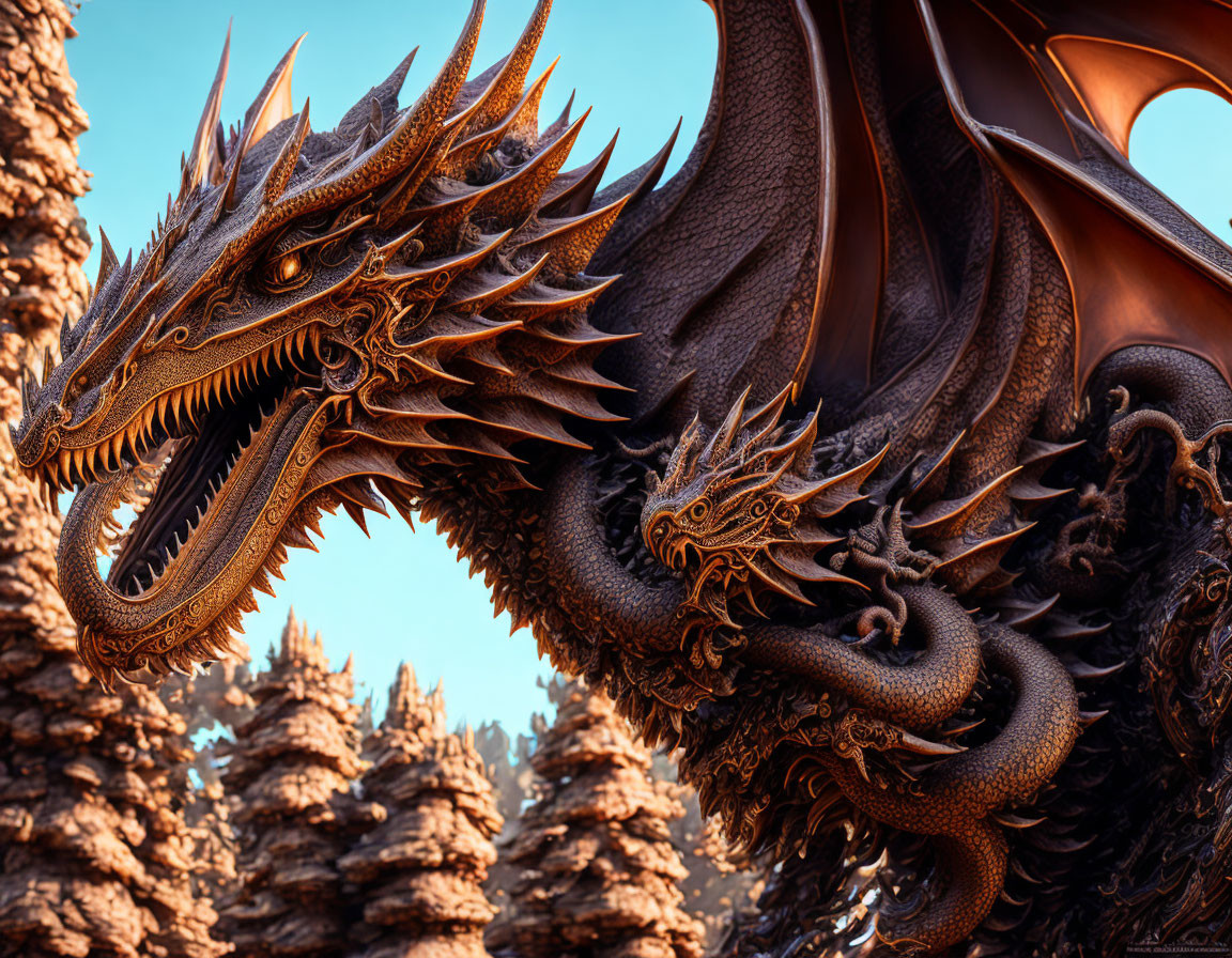 Detailed Digital Art: Majestic Dragon with Scales, Horns, and Wings