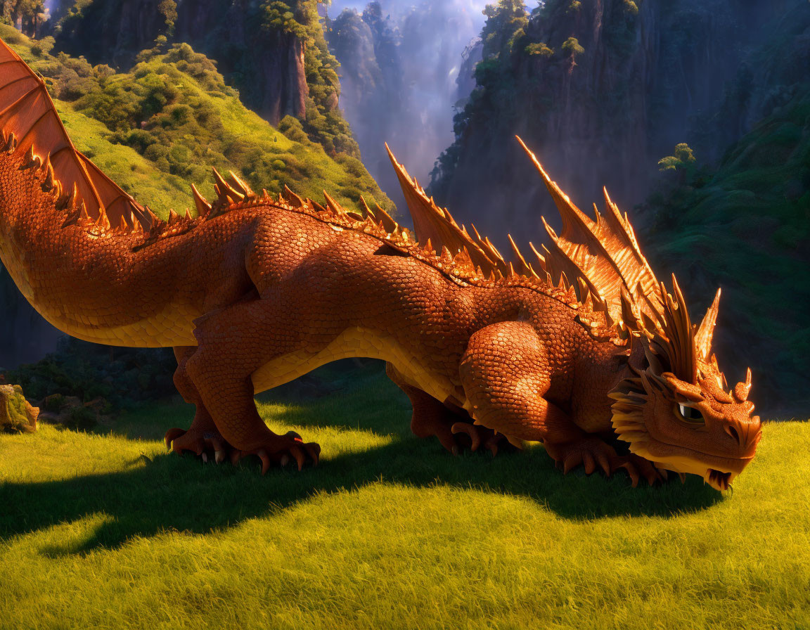 Orange Dragon with Horns and Spikes in Sunlit Meadow