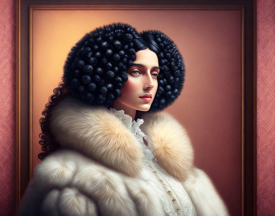 Digital Artwork: Woman with Dark Hair in White Fur Coat