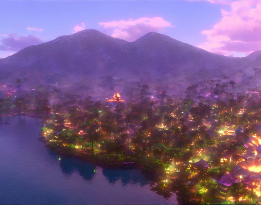 Luminescent village by lake with mountains under purple sky