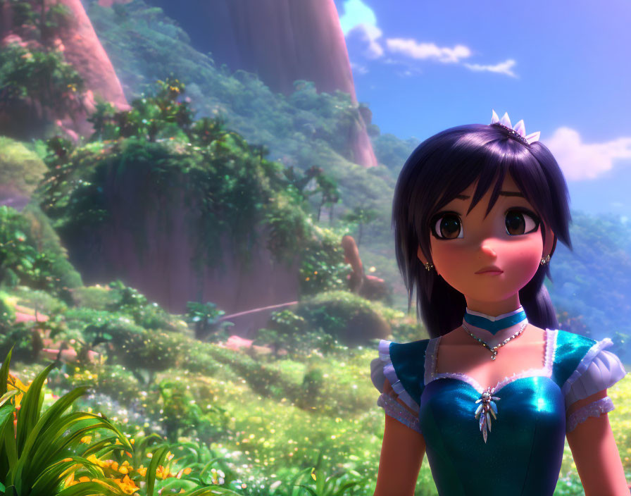 Young girl in blue dress and tiara in lush valley with cliffs - 3D animation