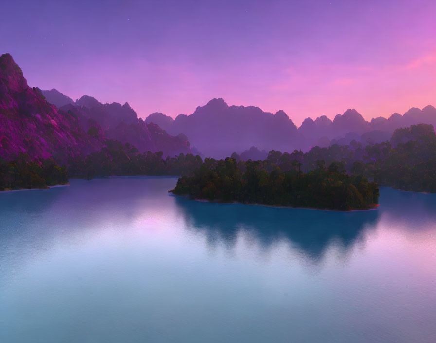 Tranquil twilight scene: blue lake, mountain silhouette, purple sky