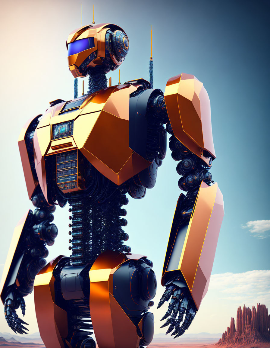 Futuristic humanoid robot in desert landscape