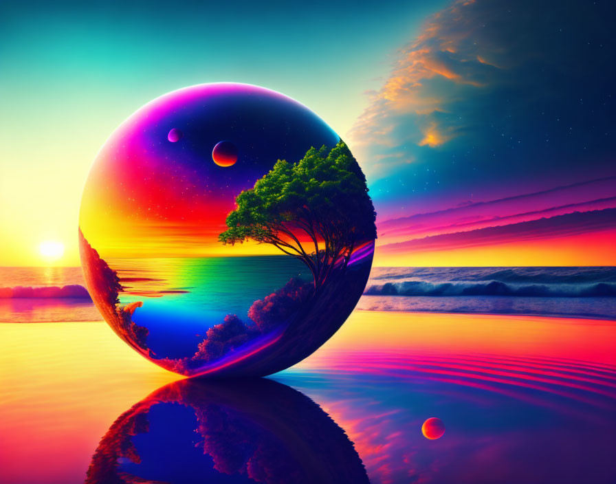 Colorful surreal landscape with reflective sphere and tree in vibrant sunset setting