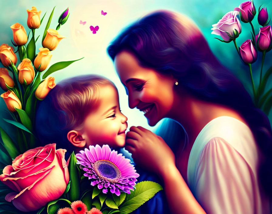 Smiling woman and baby share affection among vibrant flowers and hearts