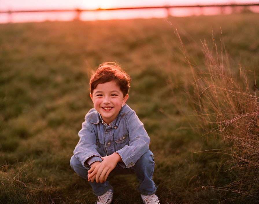 Smiling young boy in denim jacket at sunset on grass