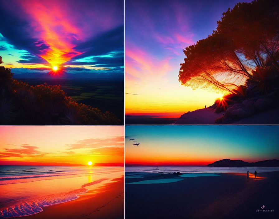 Four Vibrant Sunset Scenes: Coastline, Countryside, Beach, Desert Dunes