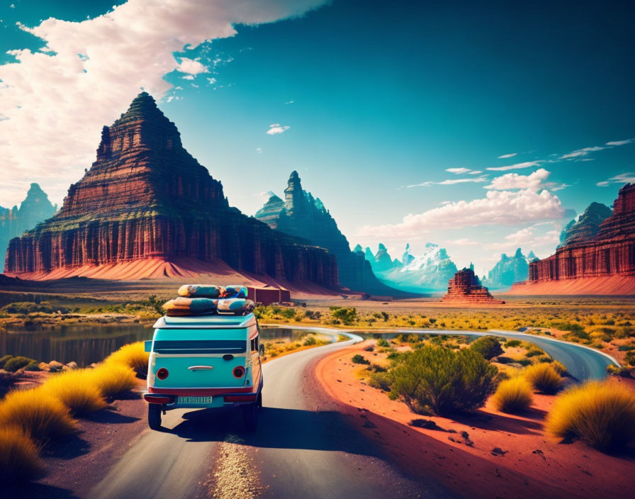 Van driving through desert with red rock formations and blue sky