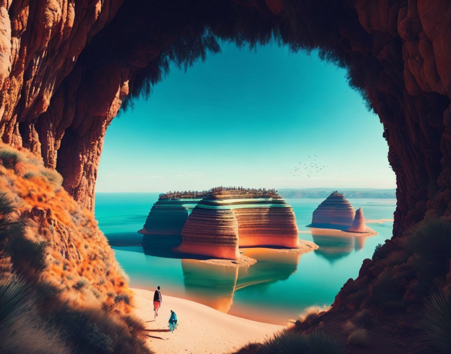 Person with Camel Overlooking Serene Lake in Cavern