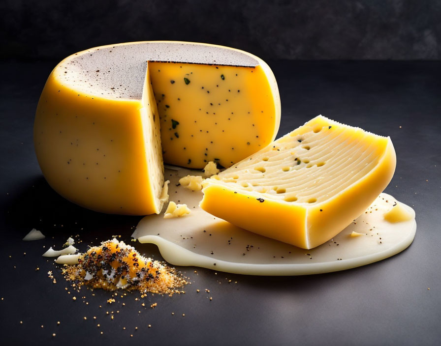 Cheese wheel with cut wedge and slices on dark background with herbs and spices.