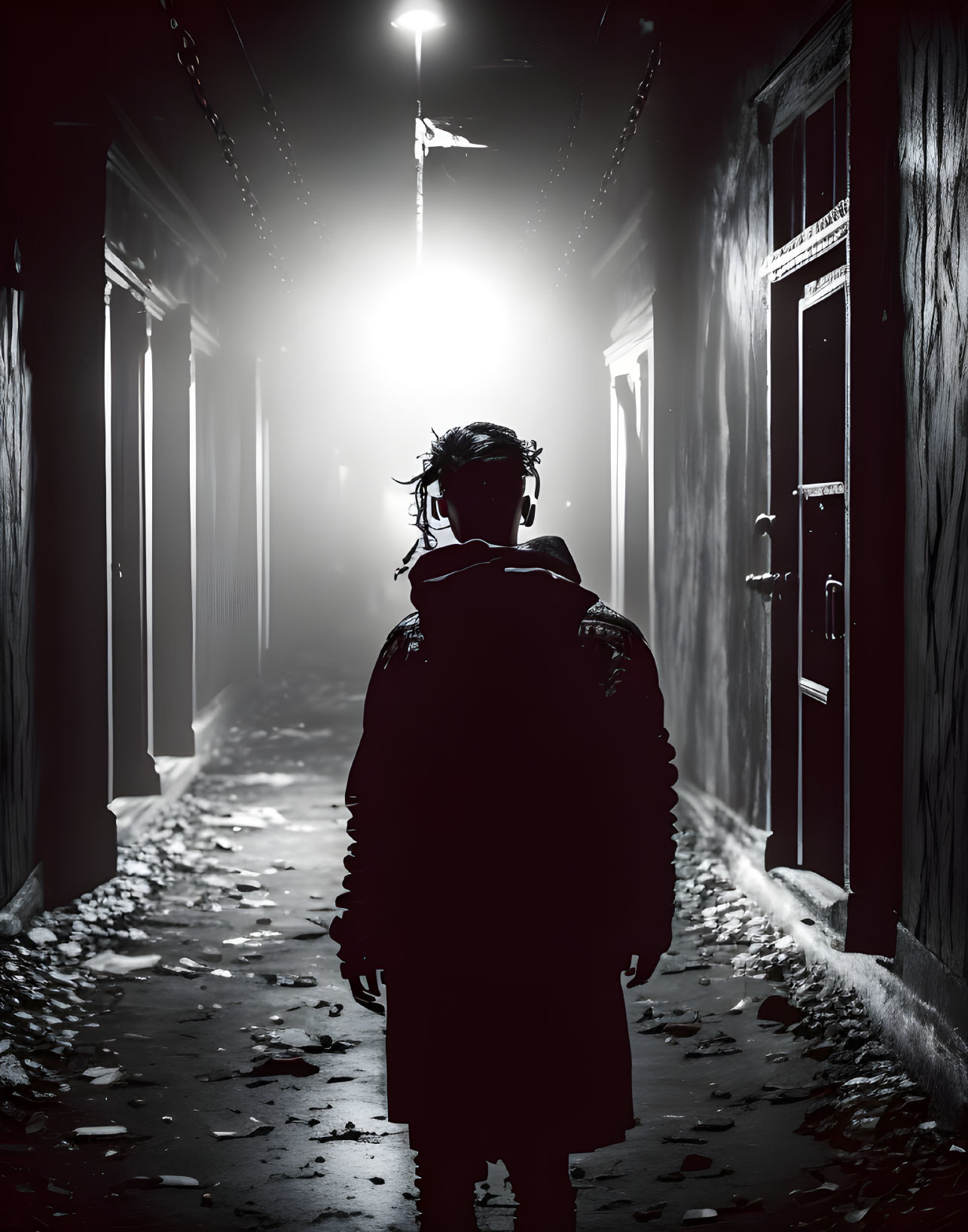 Mysterious Alleyway Scene with Person and Bright Light