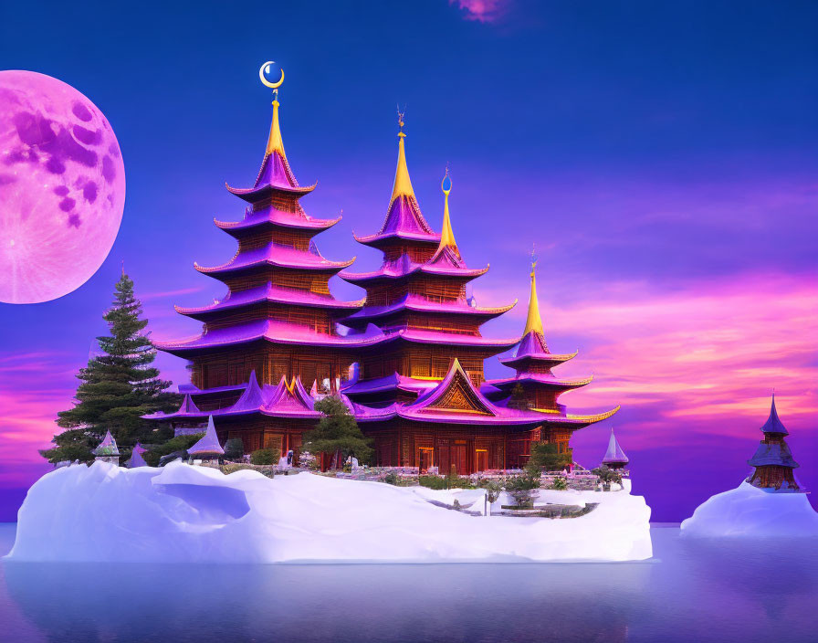 Twilight scene of illuminated multi-tiered pagodas with purple sky, moon, and snow-covered