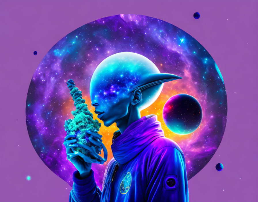 Elongated head figure holding crystal in cosmic scene