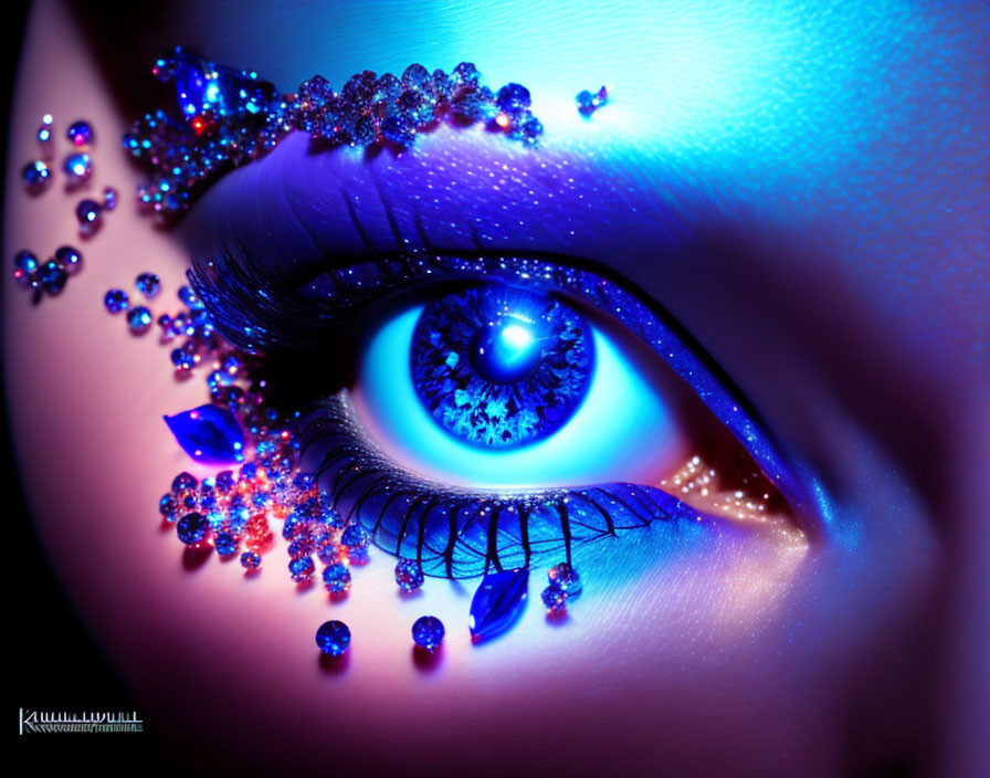 Eye with Blue and Purple Makeup and Jewels for Detailed Close-Up