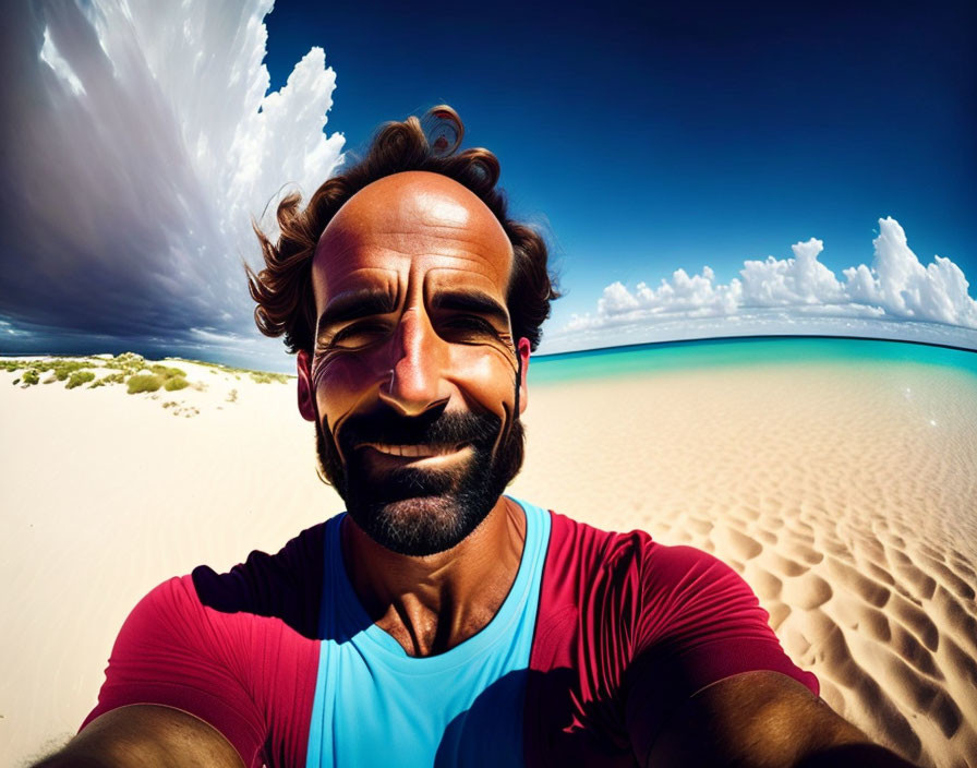 Smiling man takes selfie on sunny beach with wide-angle lens