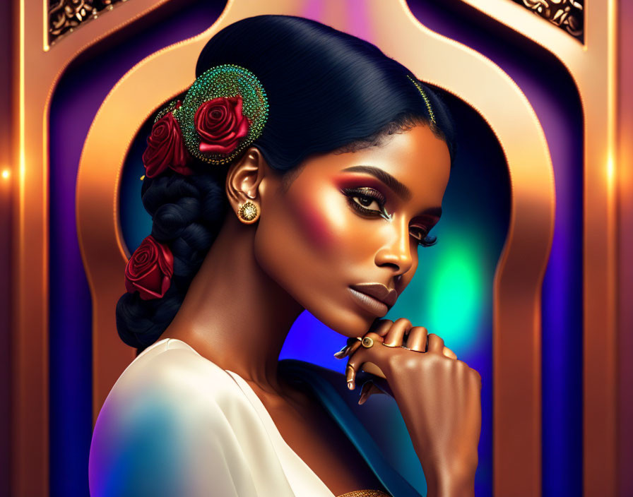 Digital artwork featuring woman with braided hair and red roses, large earrings, white outfit, colorful orn