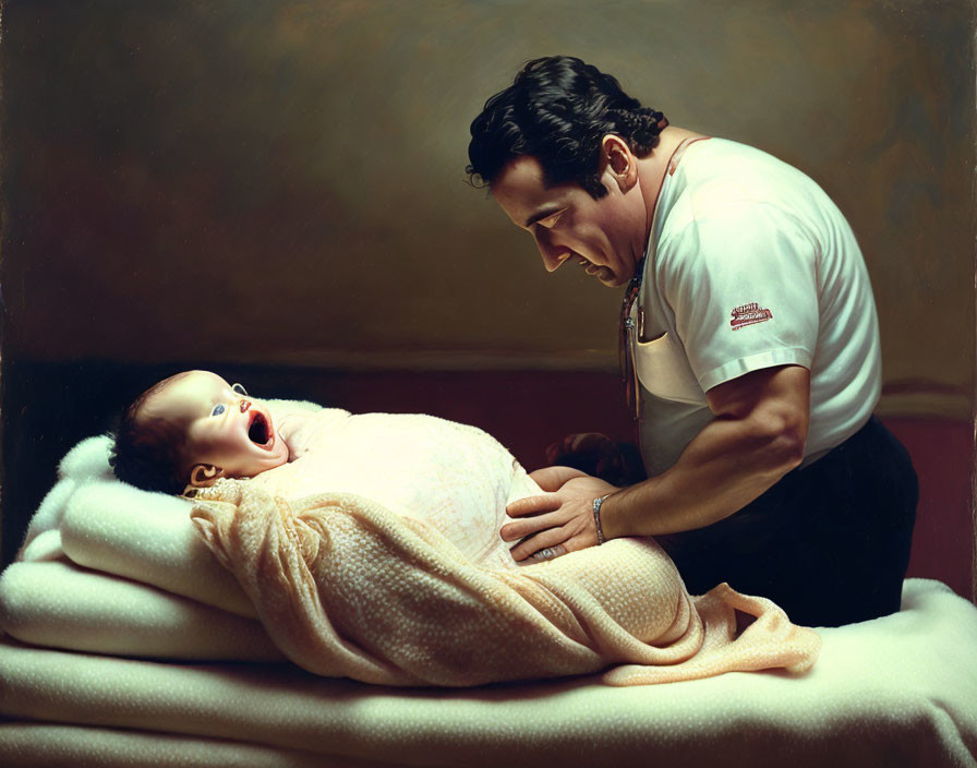 Man in white shirt comforting crying baby on soft surface