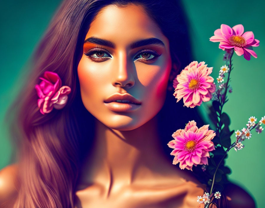 Woman with Makeup and Flower Hair Illustration on Green Background