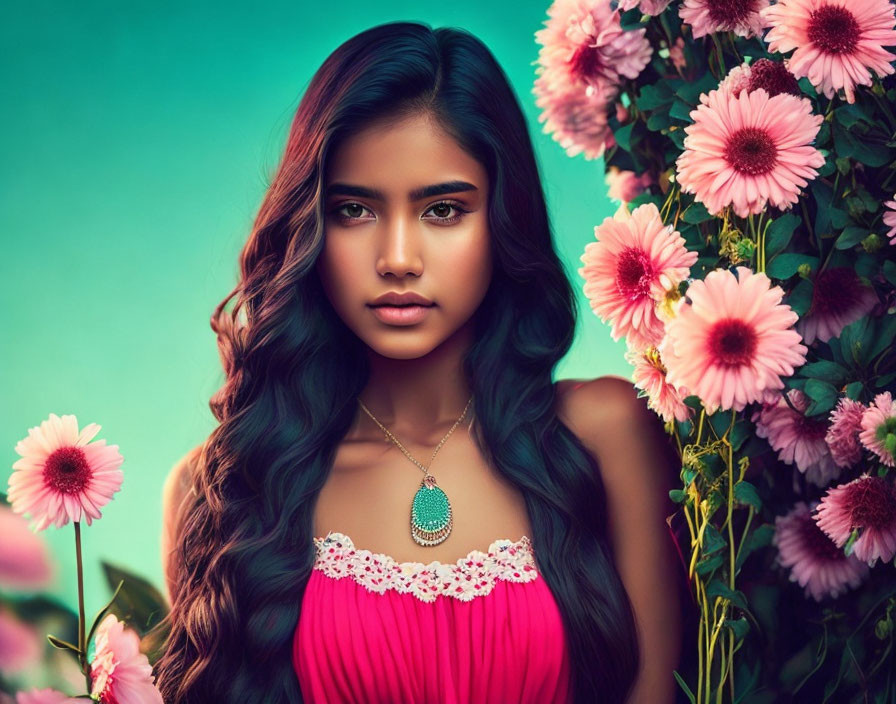 Woman with Long Curly Hair in Pink Dress Surrounded by Pink Flowers