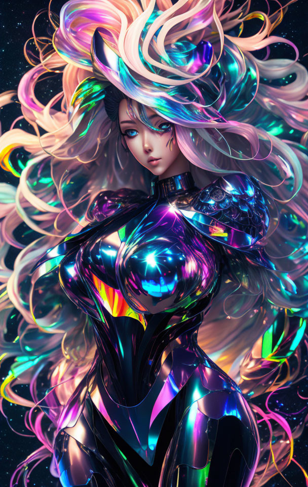 Colorful digital artwork of female figure with multicolored hair and futuristic armor on starry backdrop