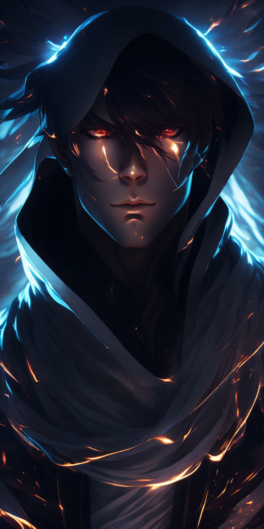 Mysterious hooded character with glowing eyes and blue flames