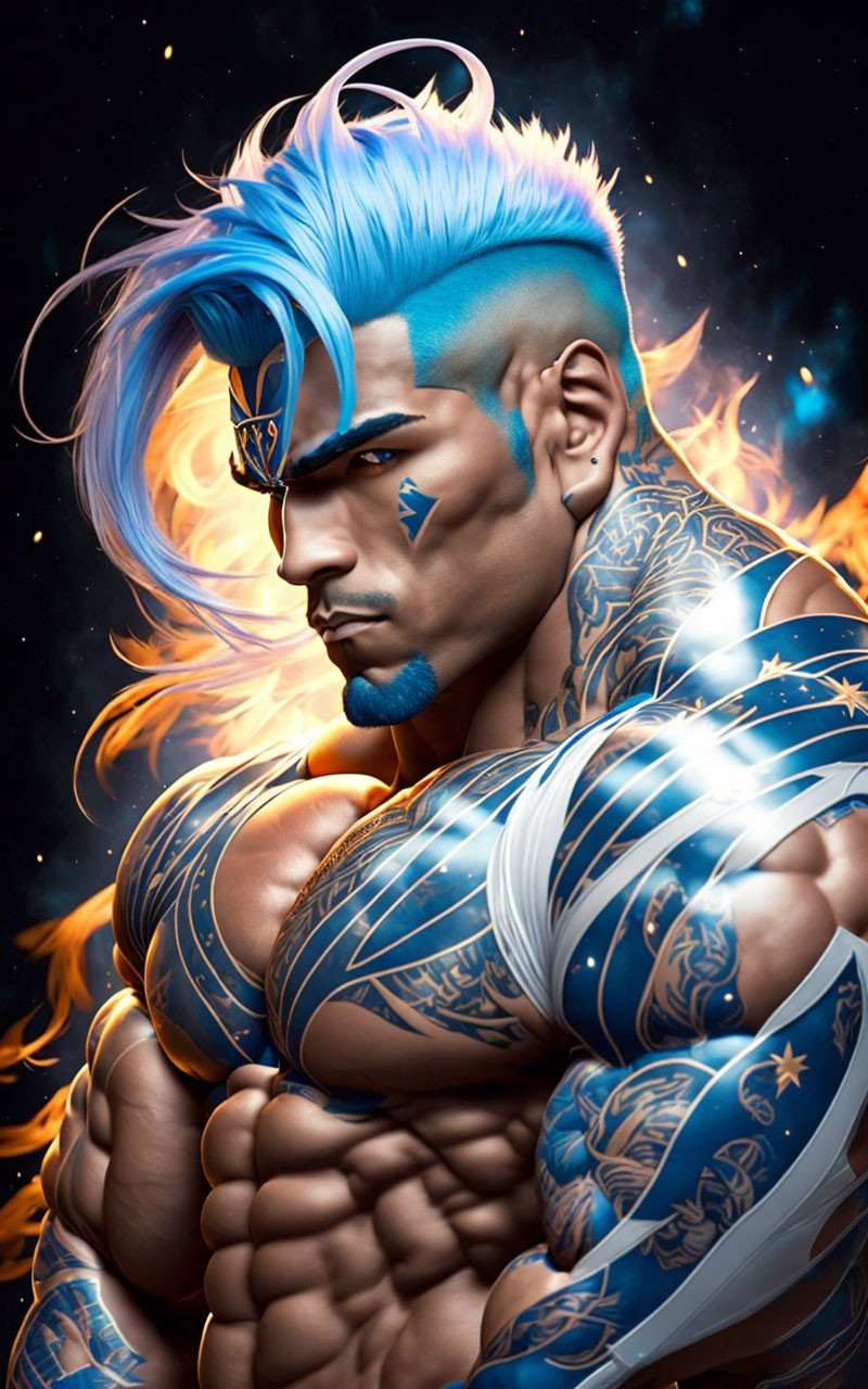 Blue-haired, tattooed muscular character with intense gaze in cosmic backdrop.