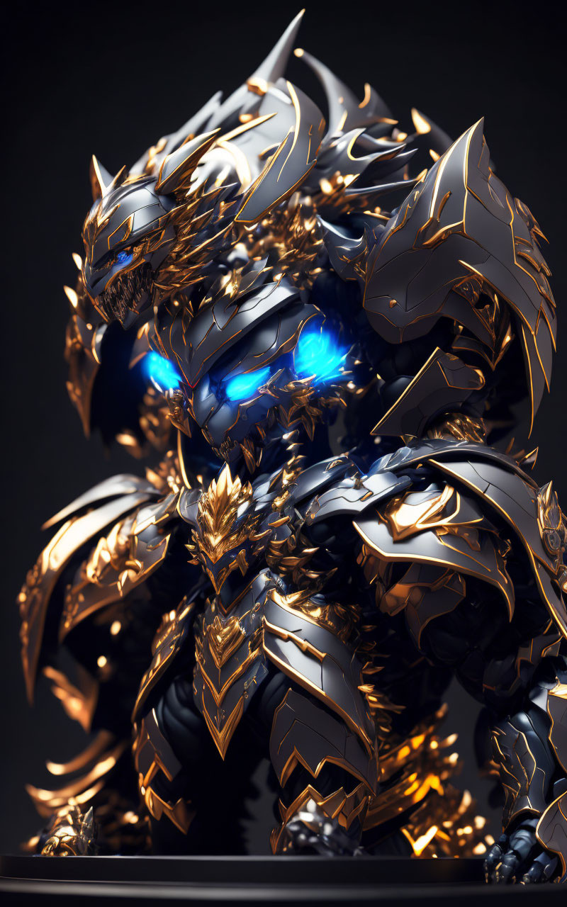 Detailed Figure in Black and Gold Armor with Glowing Blue Eyes