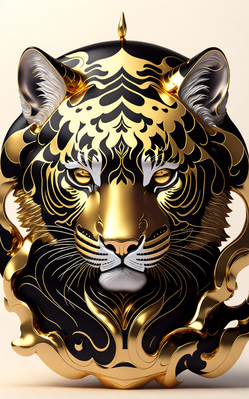 Golden and Black Metallic Tiger's Head with Elaborate Artistry