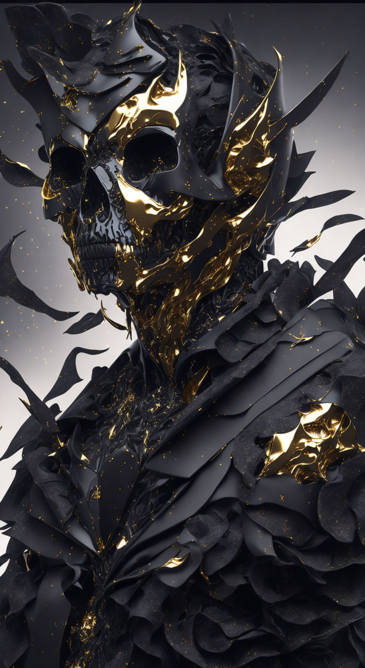 Stylized skull with gold cracks and light on dark background.