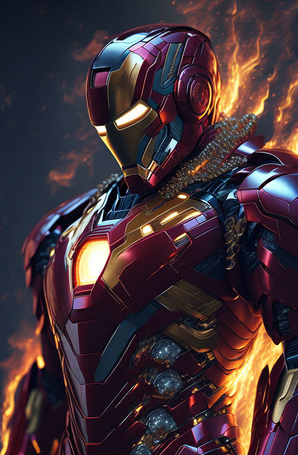 Detailed close-up: Iron Man armor with glowing eyes and chest piece, set against dynamic flames.
