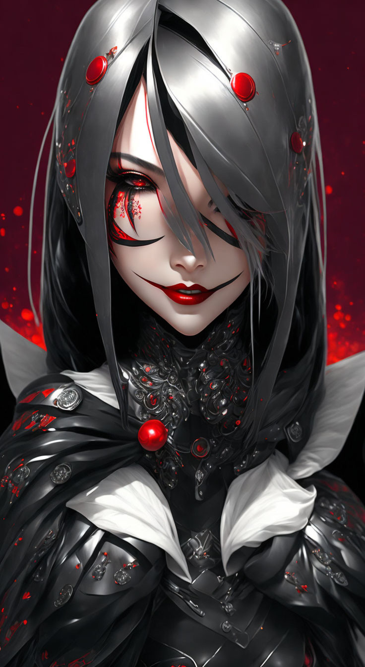 Stylized female character in monochromatic palette with red eyes and ornate black and red armor