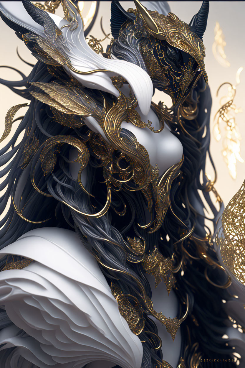 Fantastical creature with swirling black and white hair and gold filigree details