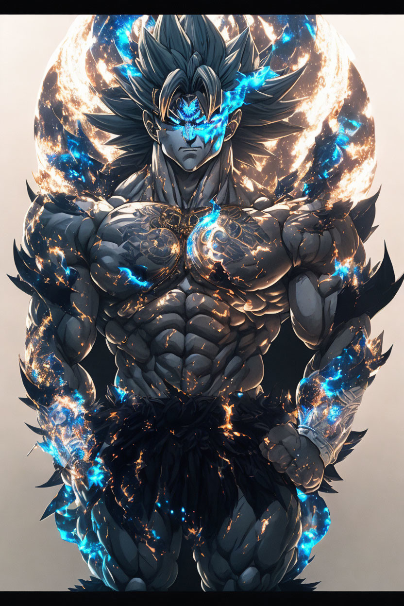 Muscular animated character with spiky hair in flames and blue energy