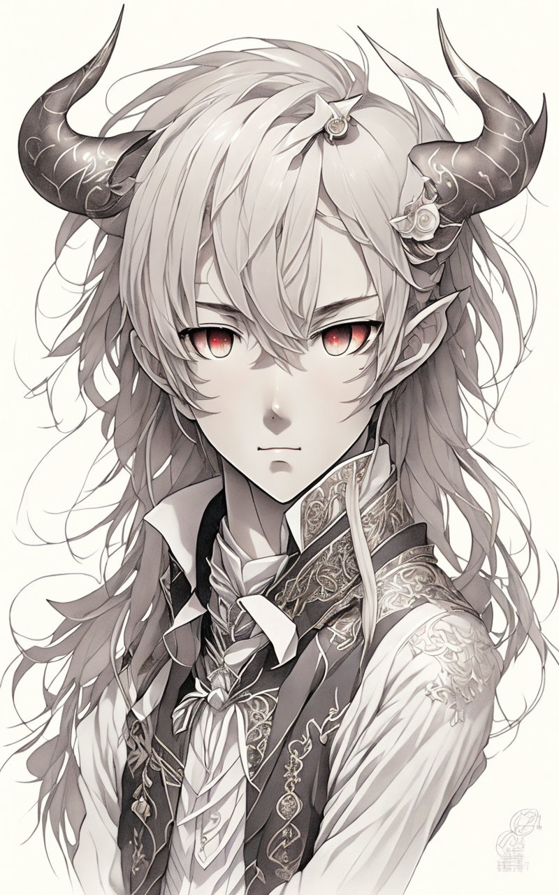 Character with horns, red eyes, white hair, high collar, cravat in monochrome illustration