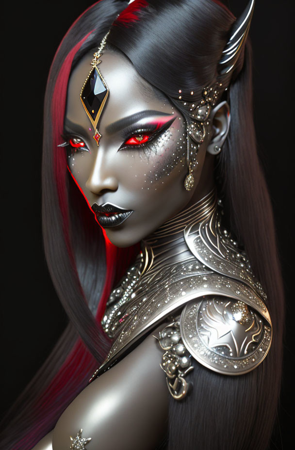 Digital Artwork: Woman with Red and Black Hair, Striking Red Eyes, Silver Jewelry, and