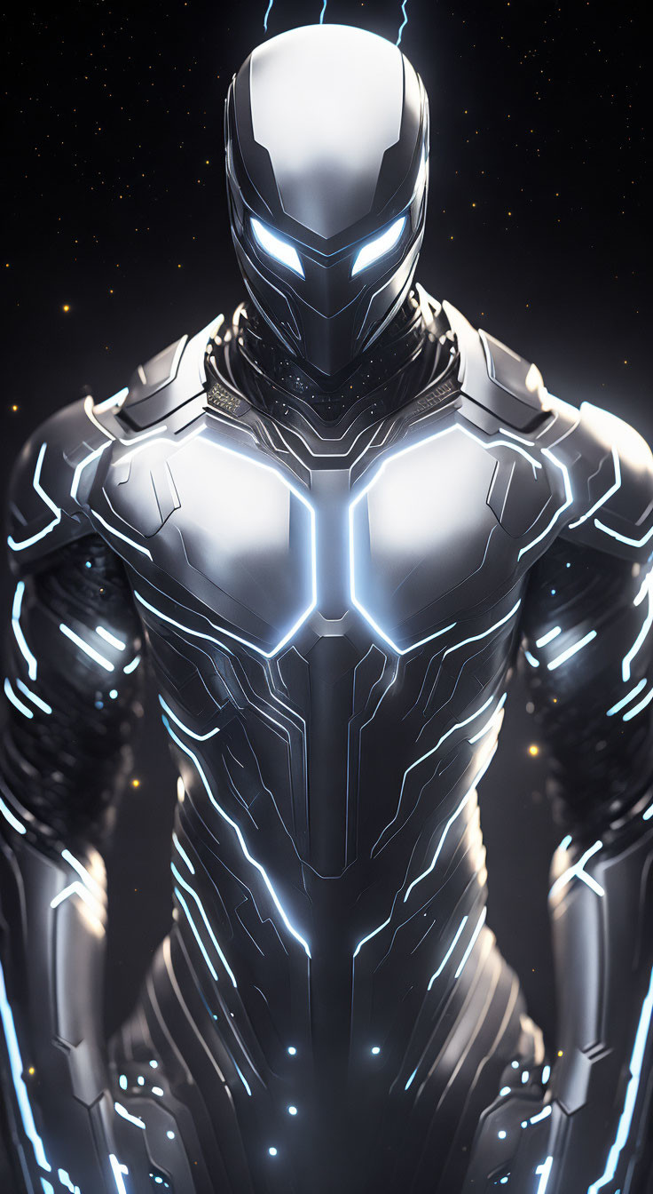 Futuristic armored suit with glowing lines and visor on starry backdrop