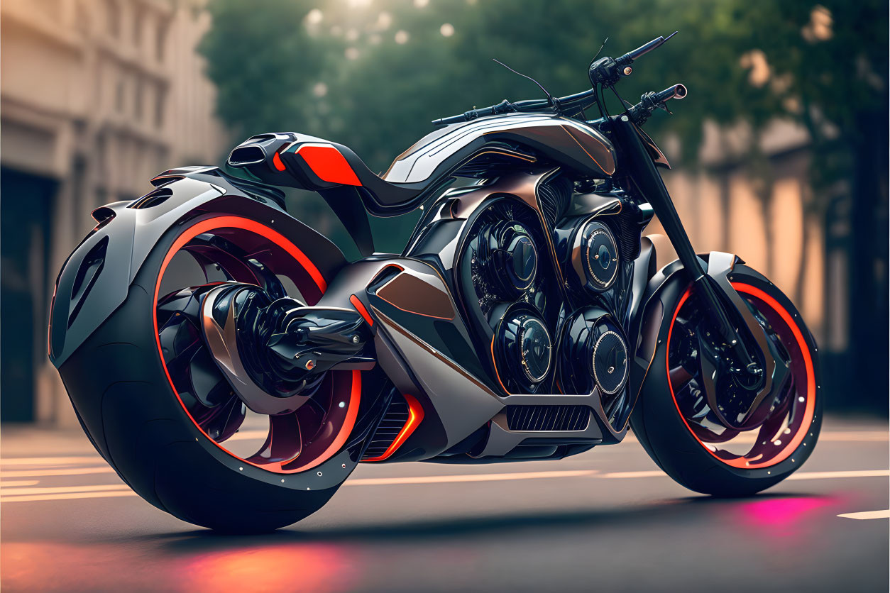 Futuristic black and gray motorcycle with orange accents on urban street