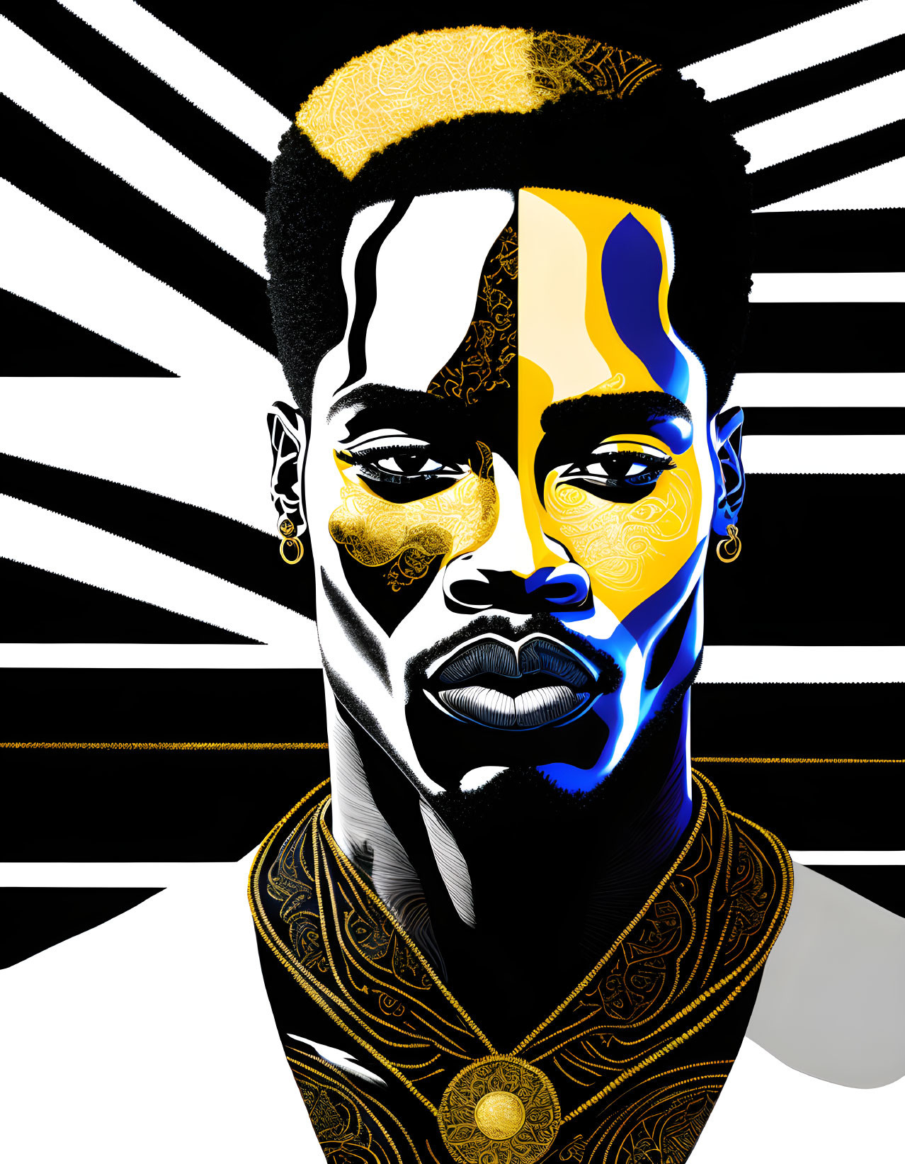 Striking portrait with gold and blue hues on face against striped background