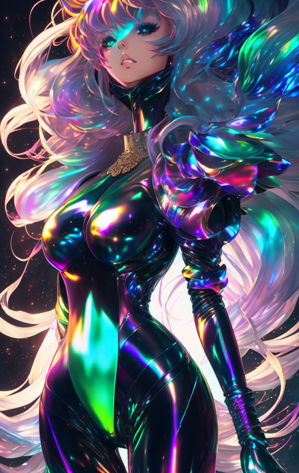 Iridescent Bodysuit Female Character in Sci-Fi Setting