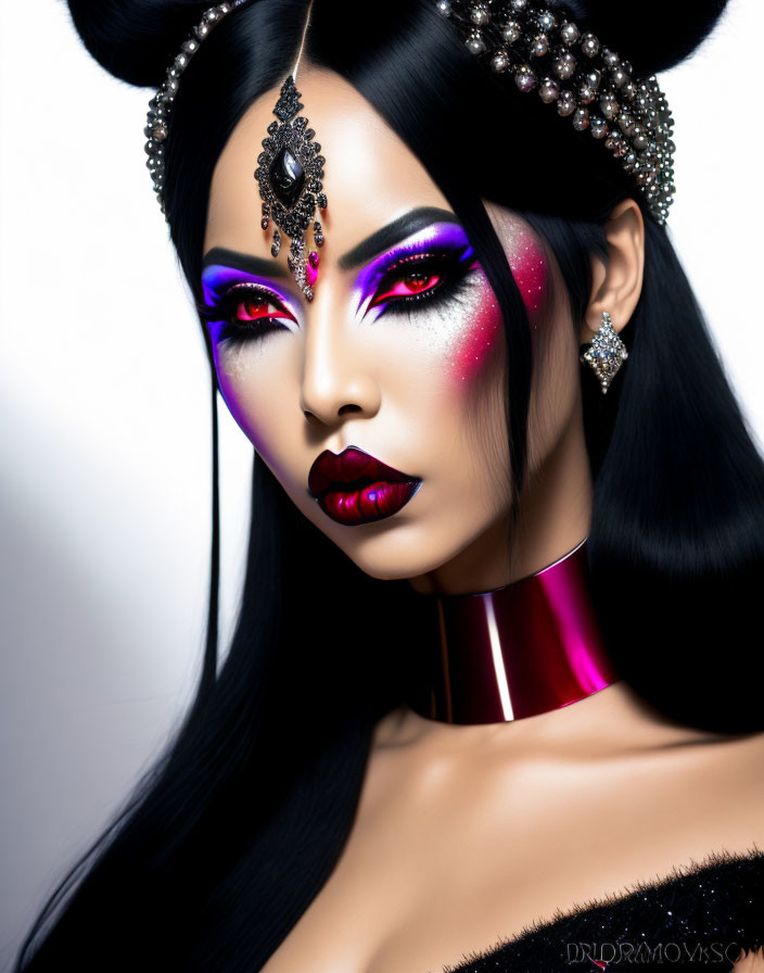 Digital artwork: Woman with purple makeup, jeweled headpiece, earrings on black background