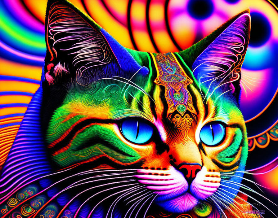 Colorful Psychedelic Cat Artwork with Blue Eyes and Detailed Patterns