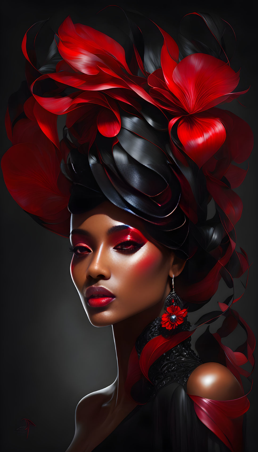 Vibrant red and black headpiece on woman with bold makeup
