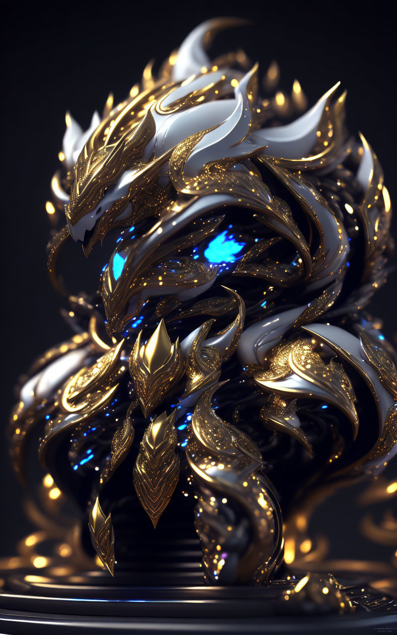 Metallic dragon sculpture with gold and white accents in 3D art.