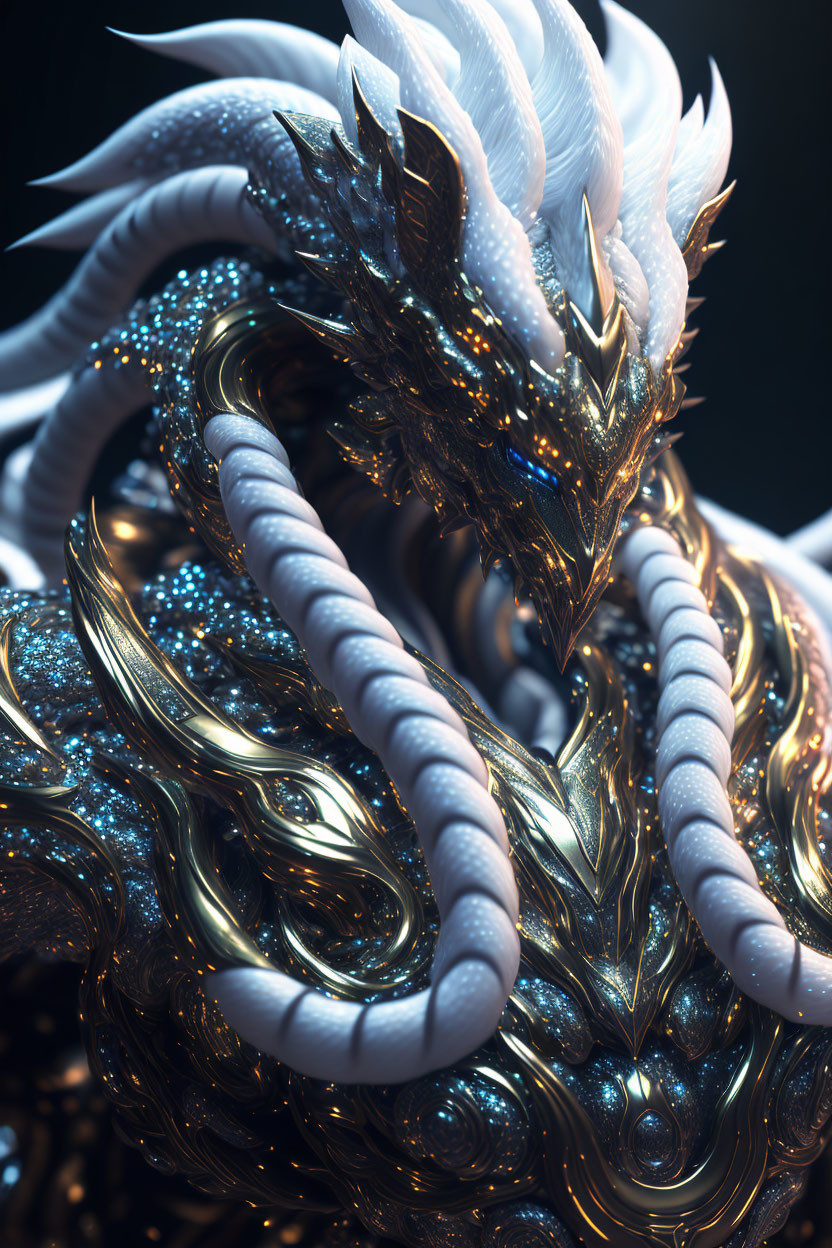 Intricately detailed dragon with gold and blue scales