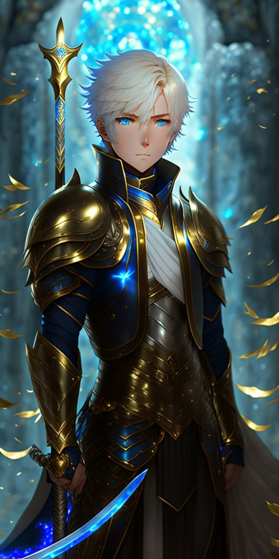 Regal knight in gold-trimmed armor wields glowing lance in mystical forest