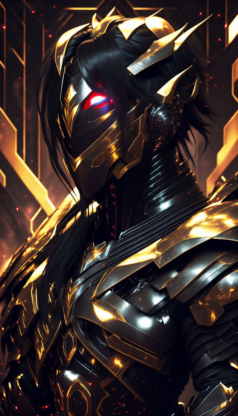 Armored character with glowing red eyes in black and golden armor.