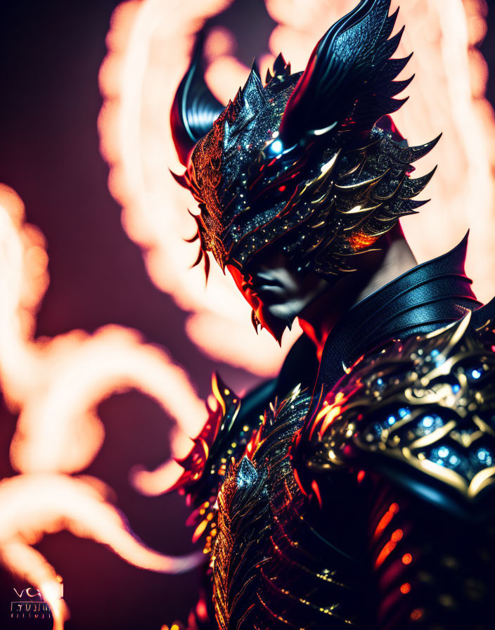 Mystical figure in black and red dragon armor with fiery background