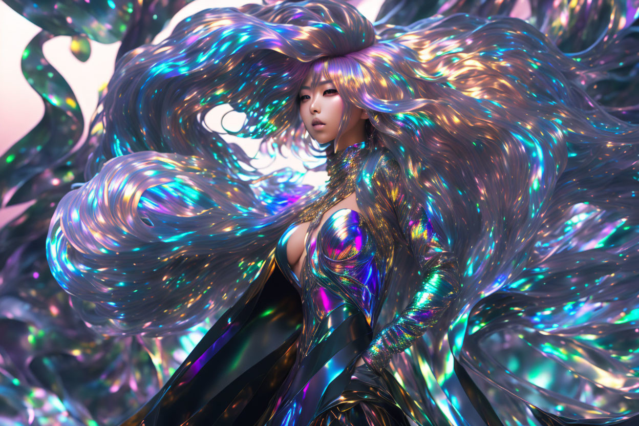 Digital art: Woman with flowing iridescent hair and futuristic attire on pastel backdrop